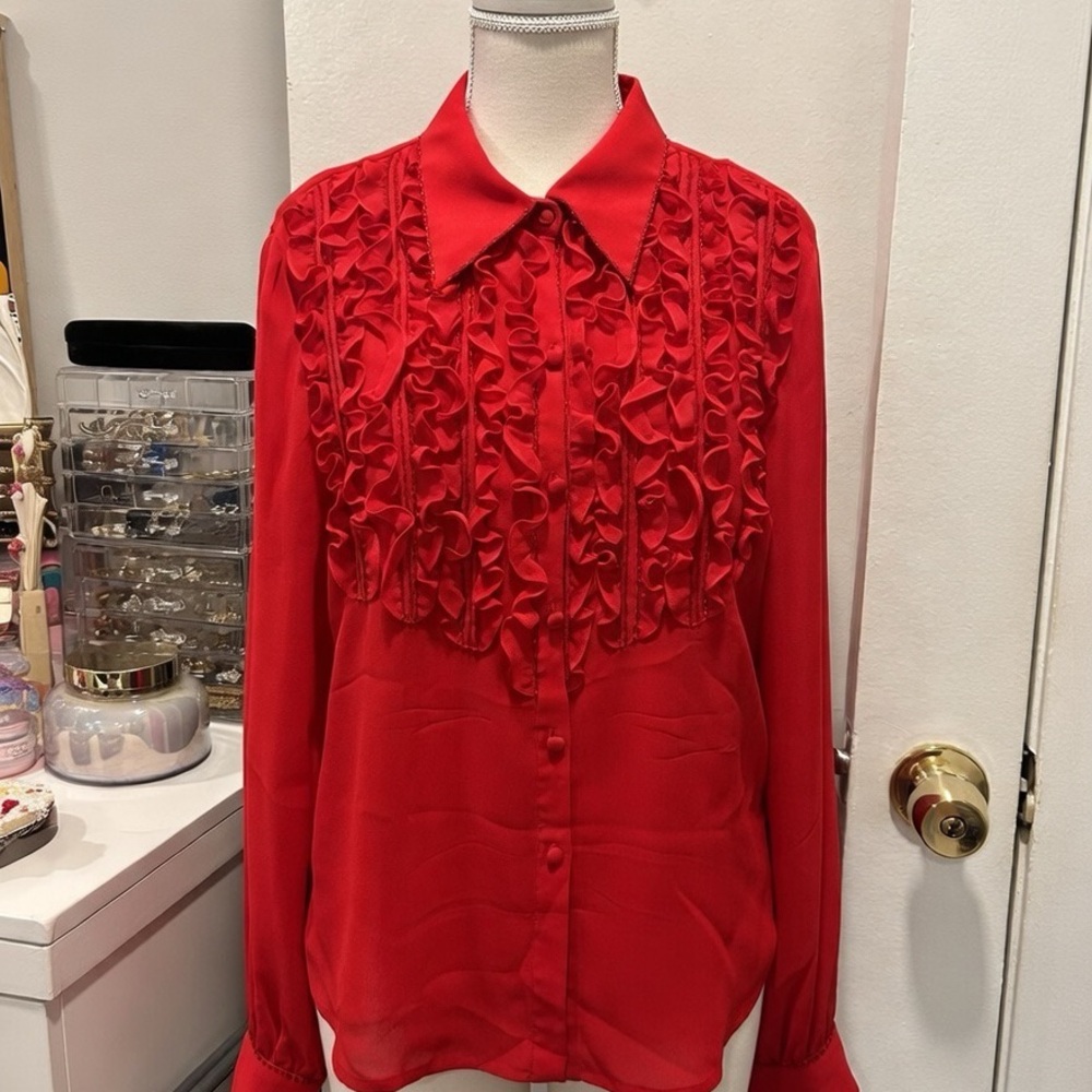 Vintage Zola Silk 70’s Tuxedo Blouse, Ruffles and beaded red